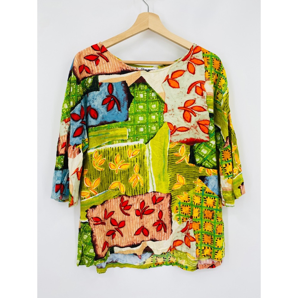 Jams World Top Women Large Green Abstract‎ Floral Patchwork 3/4 Sleeve